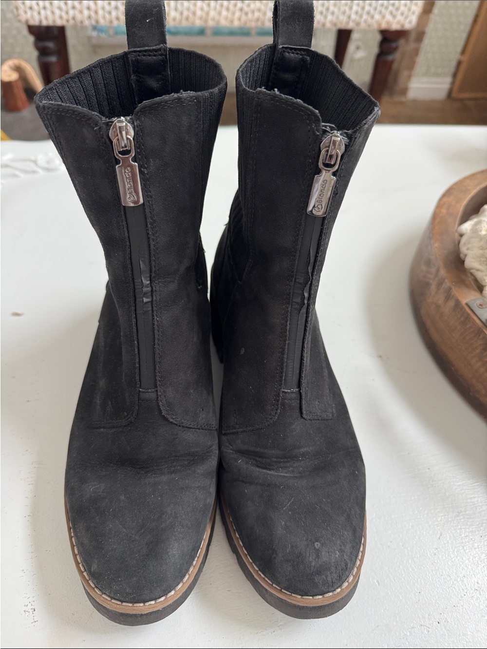 Blondo Black Suede Front-Zip Ankle Heeled Boots